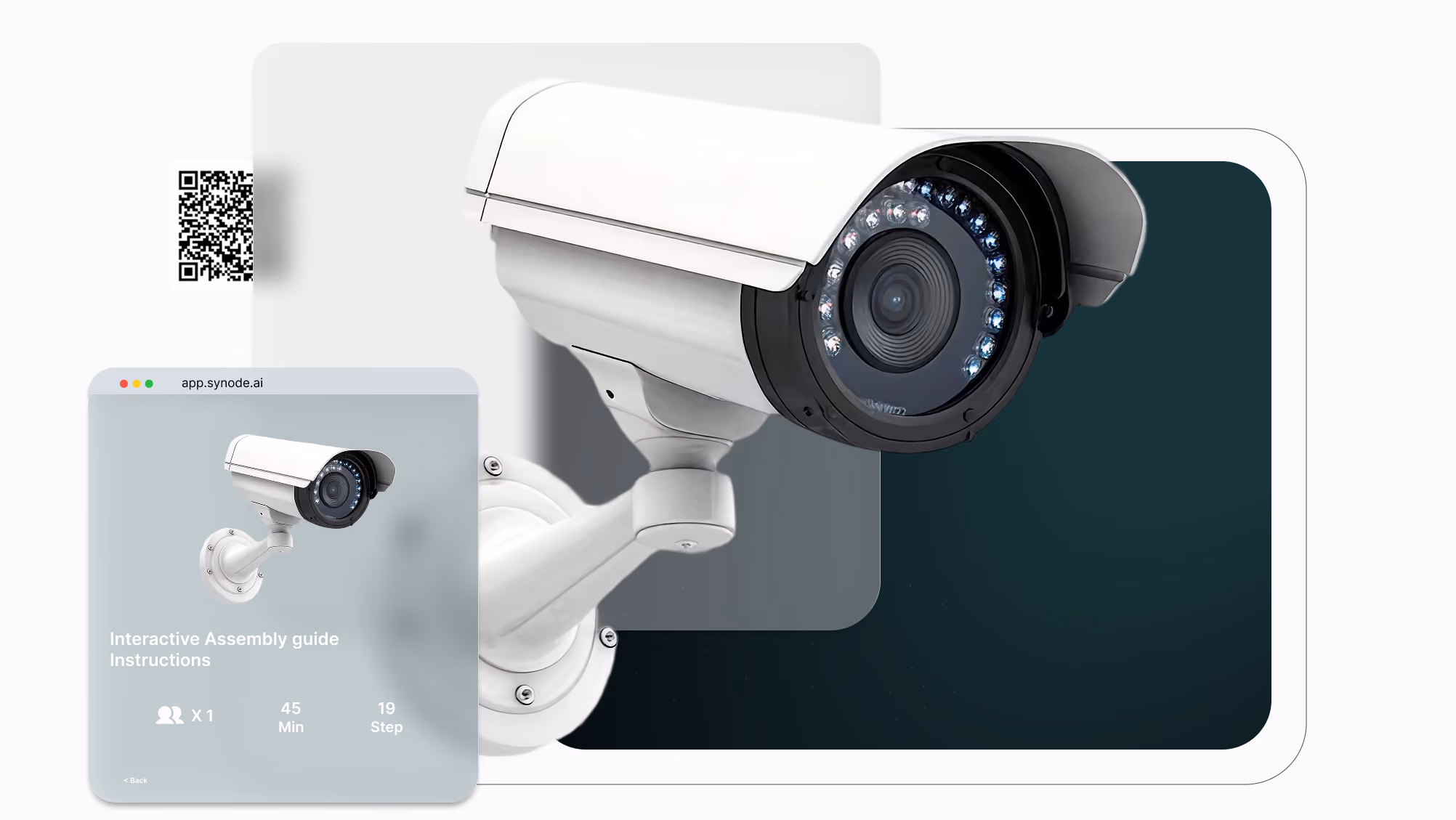 Interactive 3D instructions for the consumer products and security industries, including an exploded view of a security camera component accompanied by a QR code for sharing and a product information panel. 