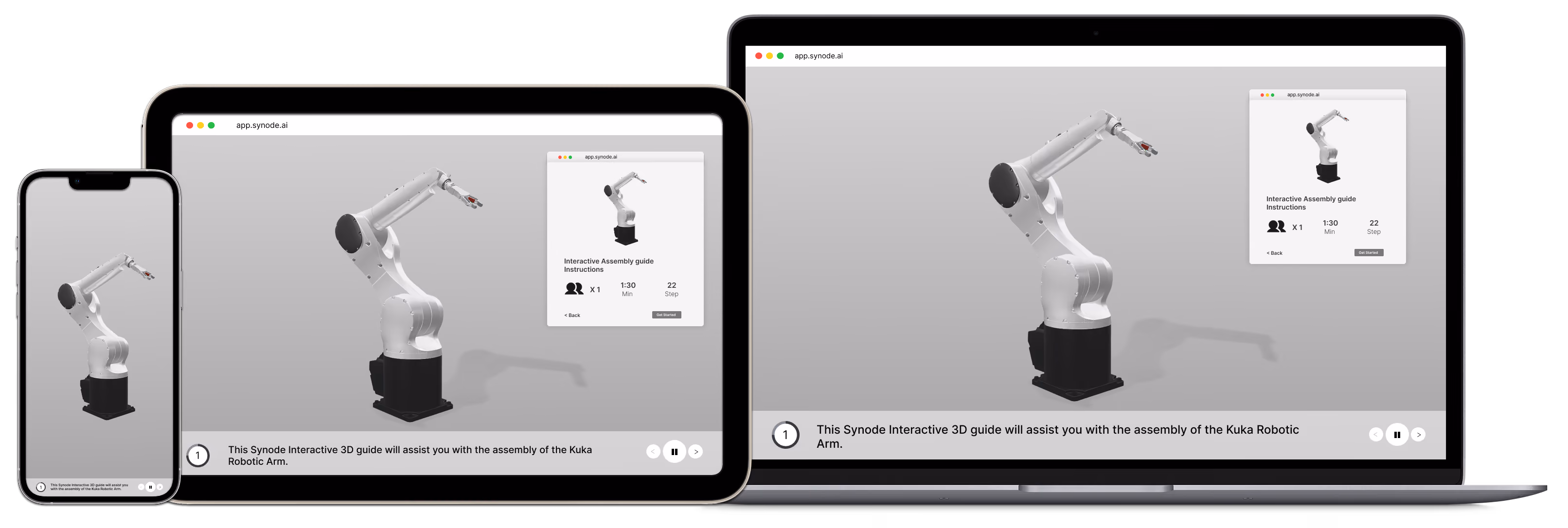 Interactive 3D product guide displayed on a laptop, tablet, and smartphone showing a robotic assembly experience.