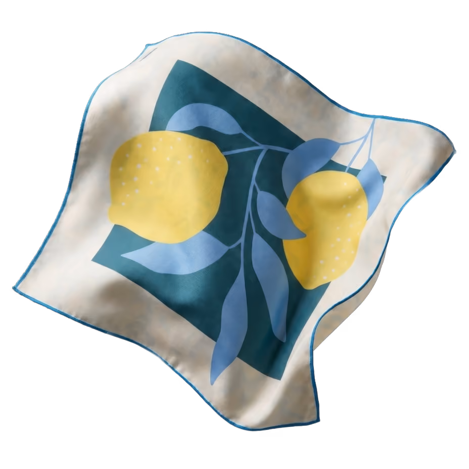 Mikrofaser-Brillenputztuch Lemons mit gelben Zitronen und blauen Blättern.