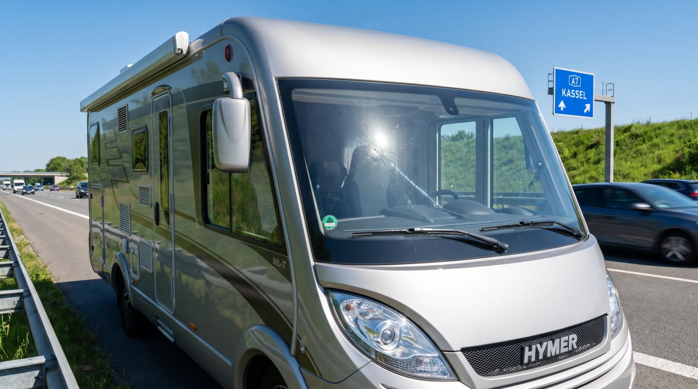 Wohnmobil auf der deutschen Autobahn mit einem Steinschlag
