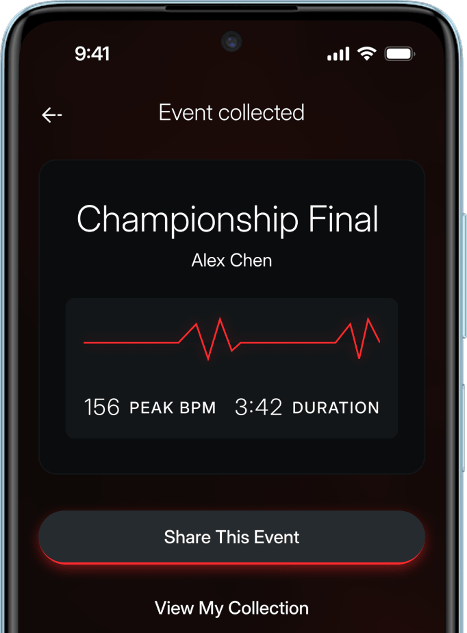Smartphone screen showing a heart rate event 'Championship Final' with peak 156 BPM and duration 3 minutes 42 seconds.