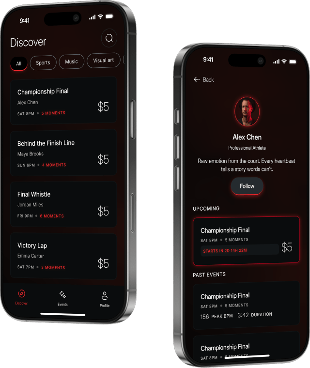 Two smartphones show a sports app: event listings and athlete profile with upcoming and past events.