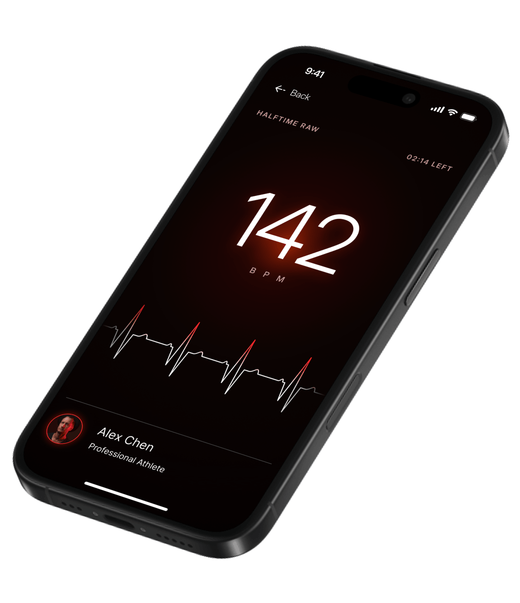 Smartphone screen showing a heart rate with ECG graph and user Alex Chen, professional athlete.