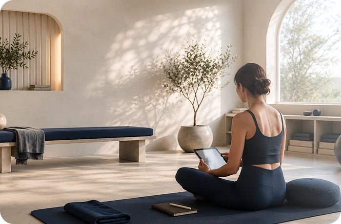 Frau sitzt auf einer Yogamatte und blickt in einem hellen Raum auf ein Tablet