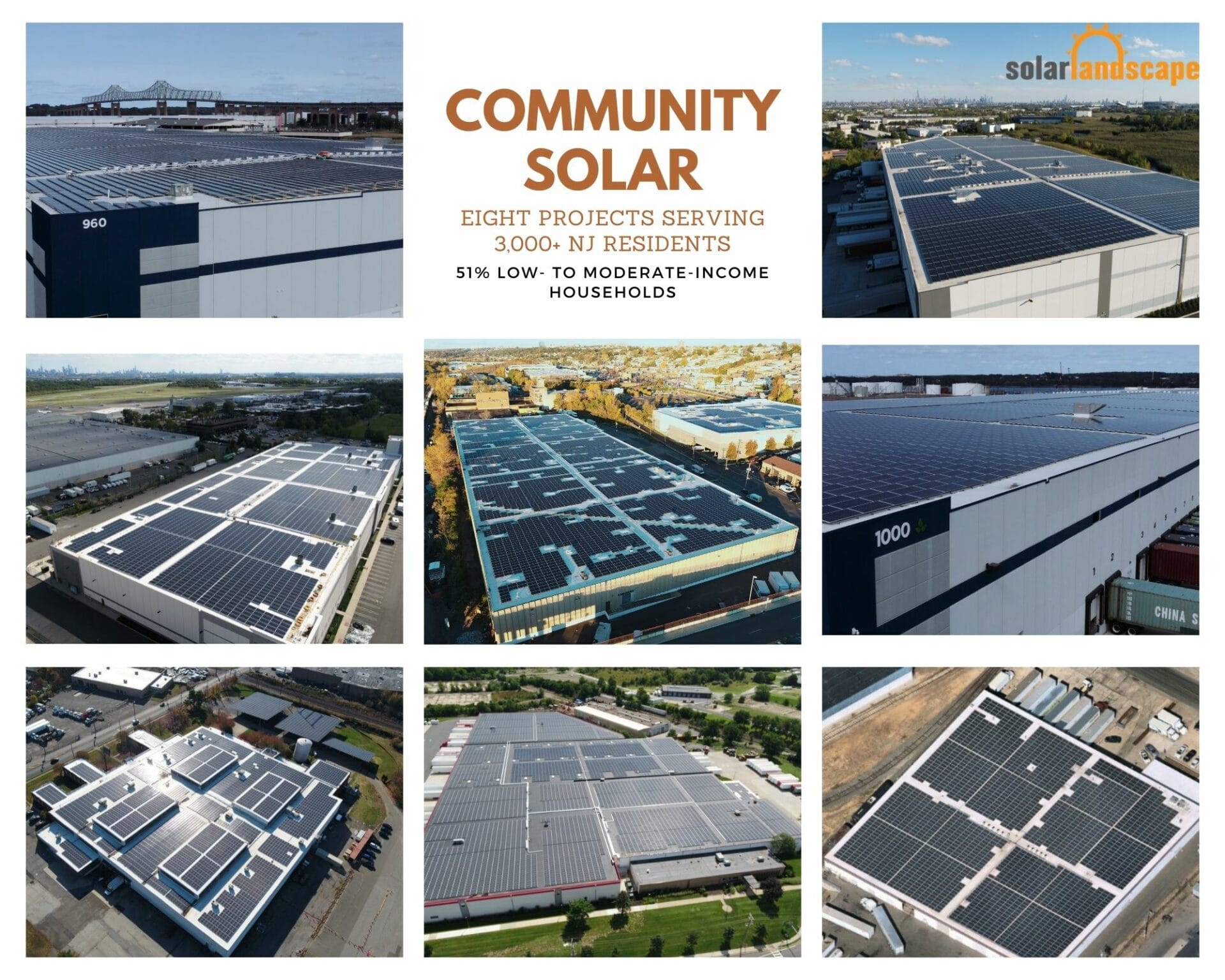 Eight New Jersey warehouses with solar panels on their rooftops.