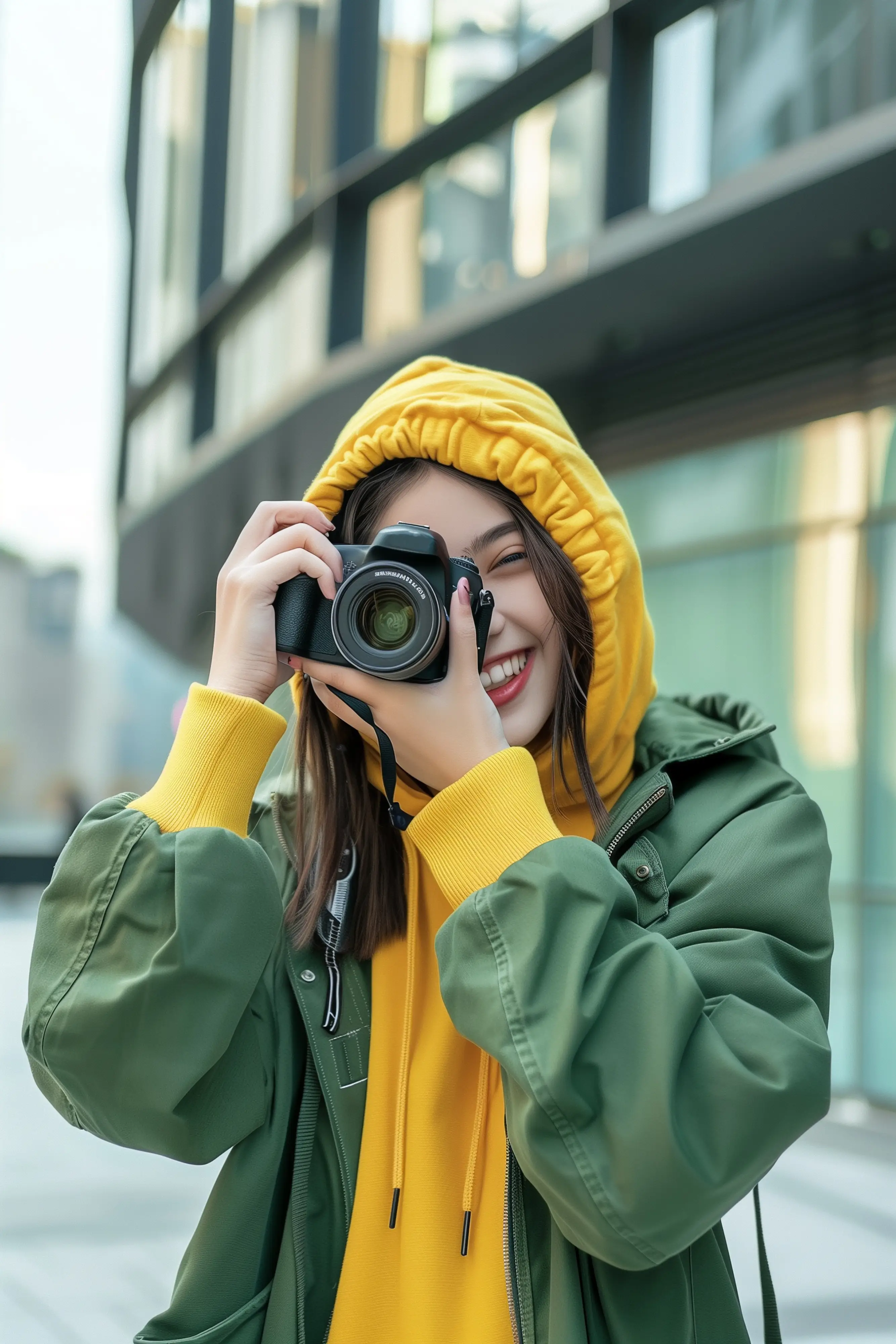 Smiling woman in a yellow hoodie and green jacket taking a photo with a DSLR camera outdoors.