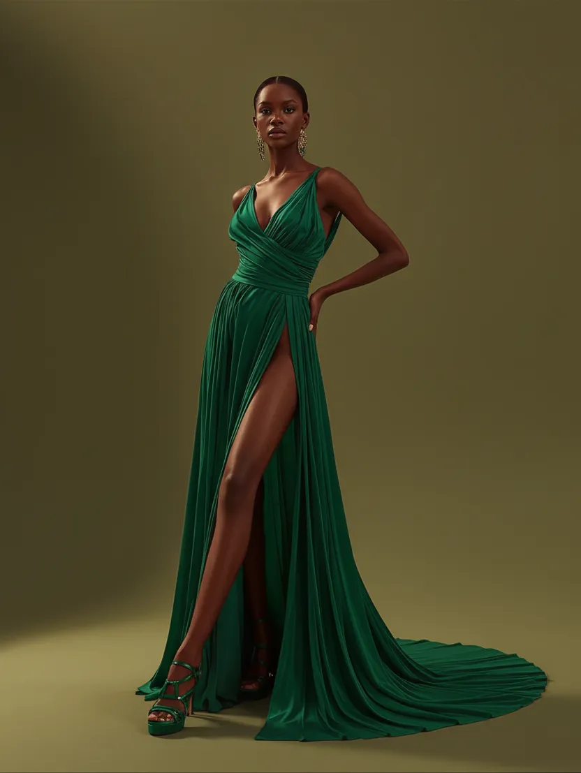 Elegant woman wearing a floor-length emerald green gown with a high slit and matching high heels against an olive background.