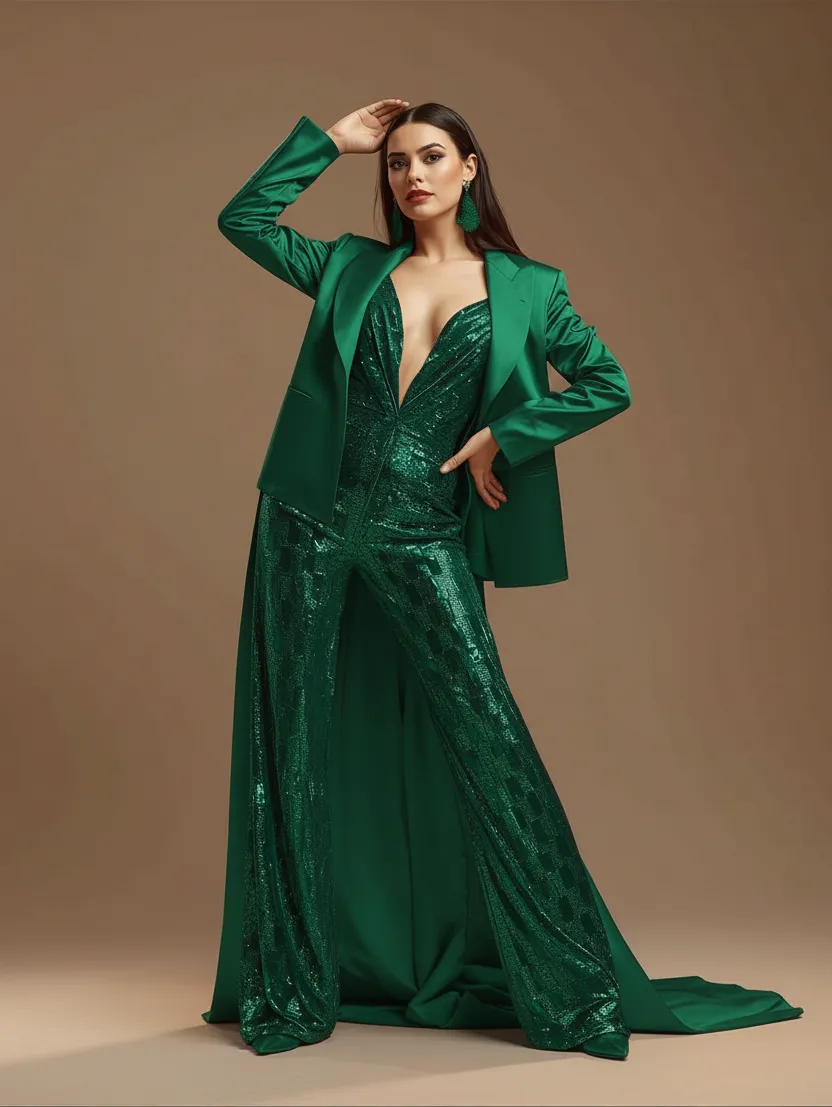 Woman posing in an elegant green sequined jumpsuit with a matching green blazer and statement earrings against a brown backdrop.