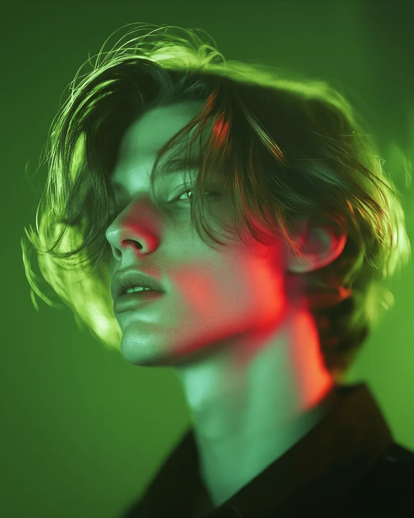 Close-up portrait of a young person with medium-length hair illuminated by green and red lighting against a green background.