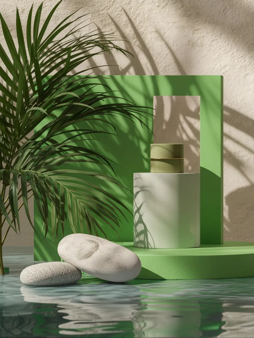 Green palm leaves casting shadows over green geometric shapes and white stones near reflective water.