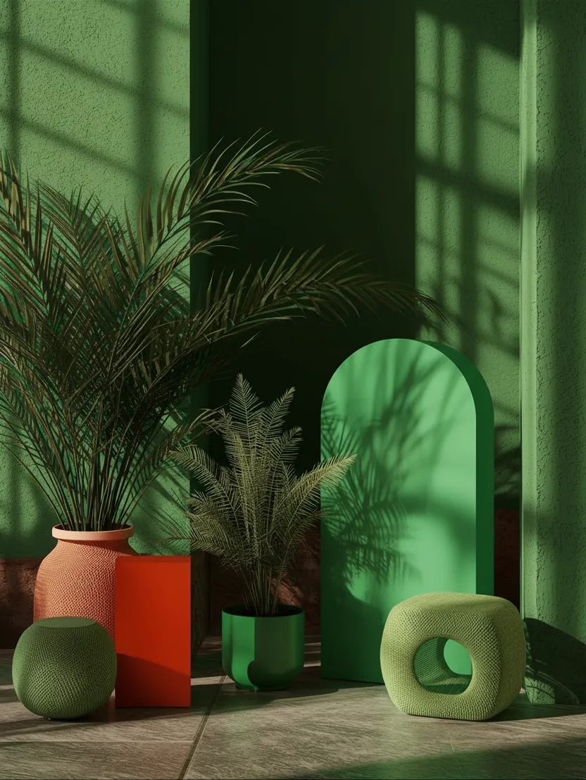 Indoor scene with two potted plants, a green rounded ottoman, an orange rectangle, and a green arched panel casting shadows on a green textured wall.