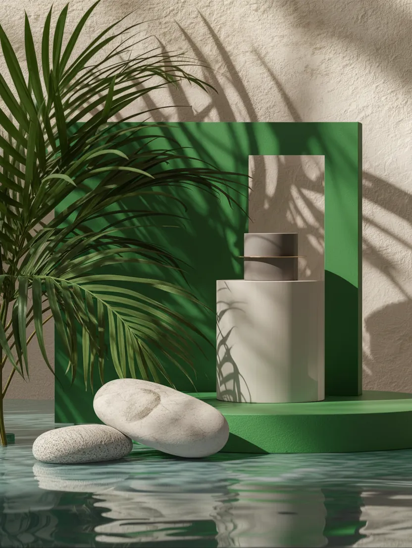 Minimalist green and white display with large green palm leaves, round stones, and water reflections on textured beige background.