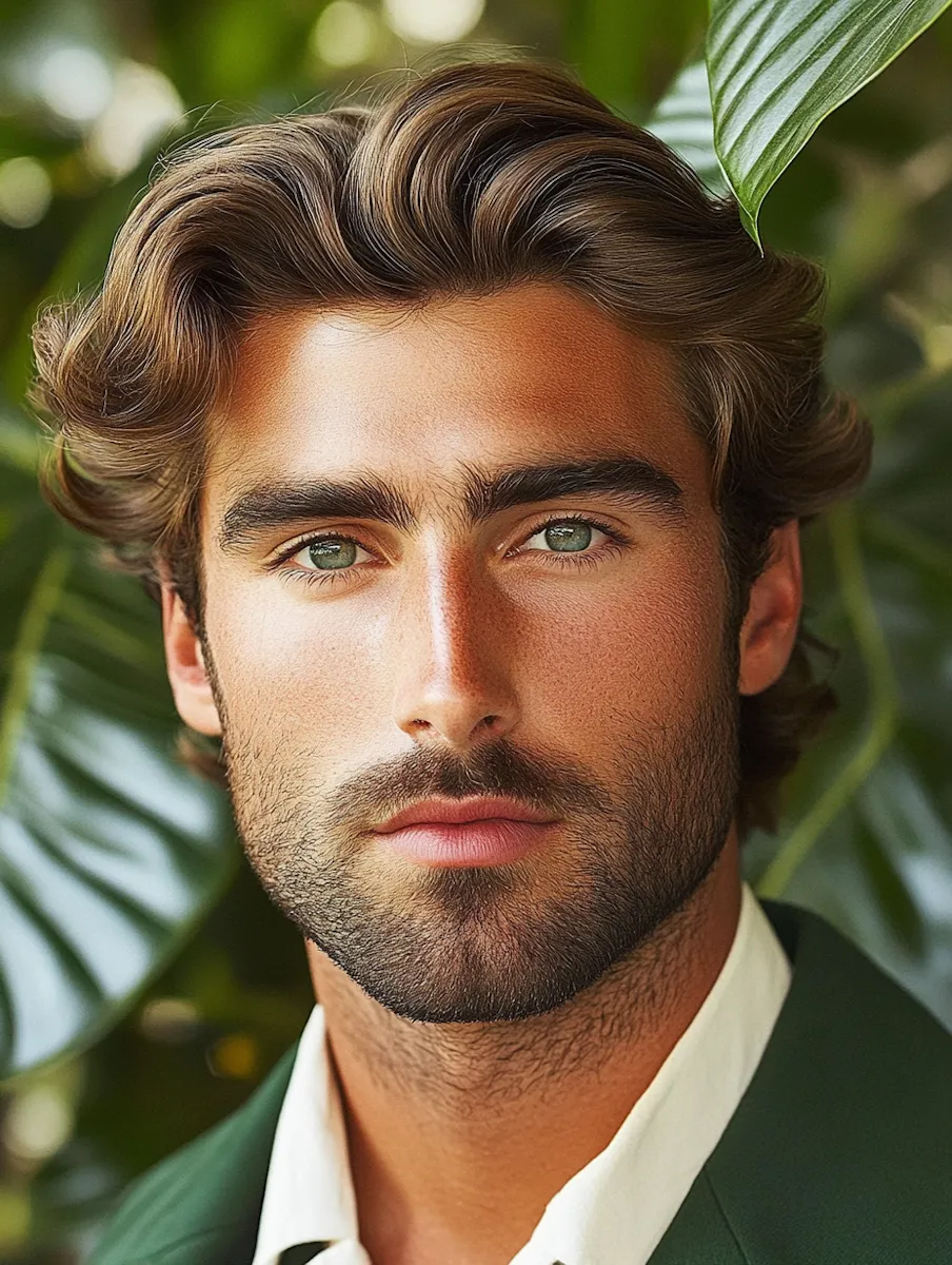 Close-up portrait of a young man with light brown wavy hair, green eyes, and a beard, wearing a white shirt and green jacket in front of green foliage.