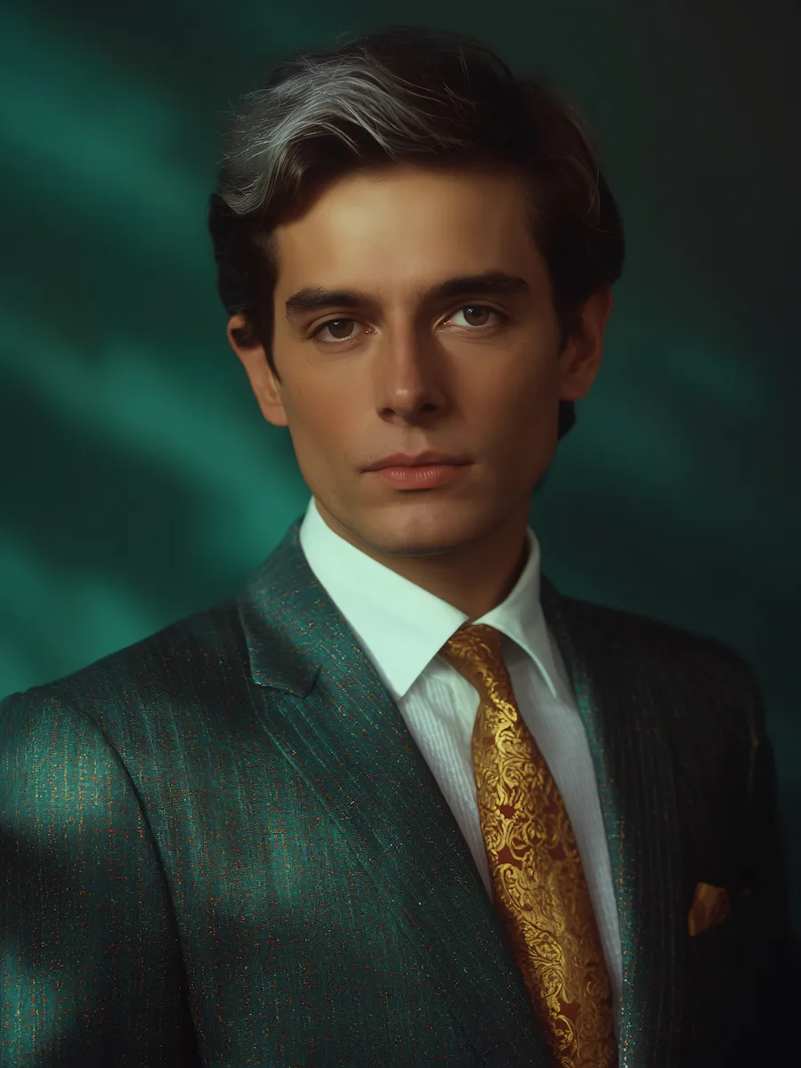 Young man with dark hair and a streak of gray wearing a textured green suit, white shirt, and ornate gold tie against a dark green background.