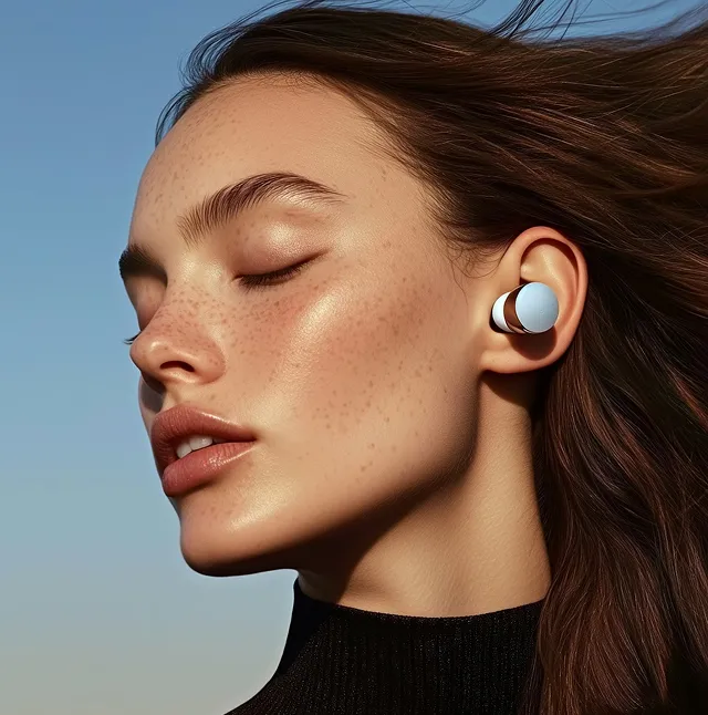 Close-up of a woman with closed eyes wearing white wireless earbuds and her hair blowing in the wind.