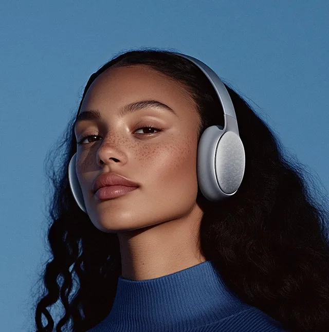 Young woman with long curly hair wearing silver wireless headphones and a blue turtleneck.