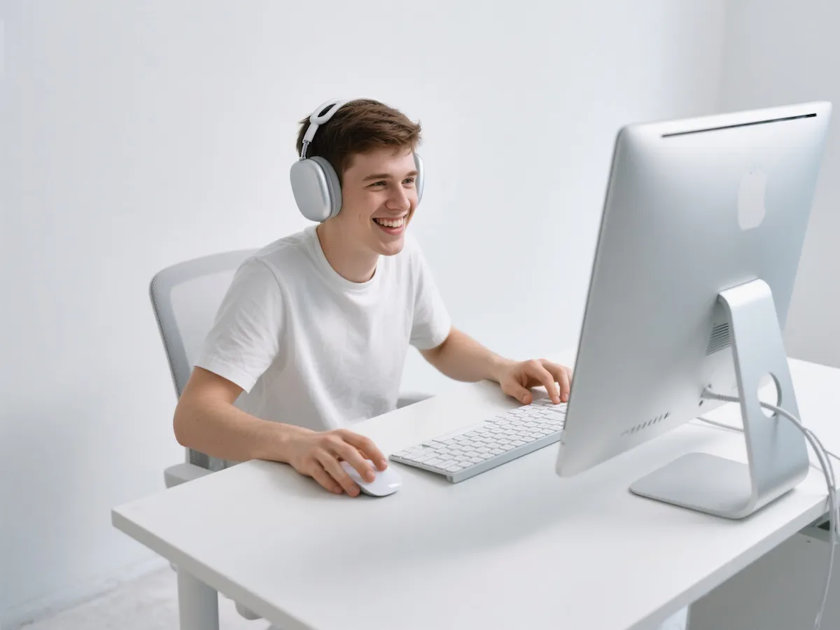 Young man wearing headphones smiling while using a desktop computer at a white desk.