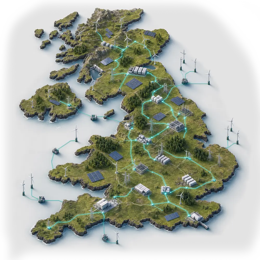 3D Isometric image of the UK with green energy lines connecting various parts of energy infrastructure including Certain energies battery storage
