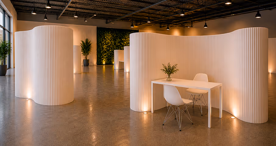 Modern office space with white partition walls, two chairs, and a table holding a vase of flowers.