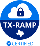 TX-RAMP certified logo with a cloud and padlock icon above Texas state outline.