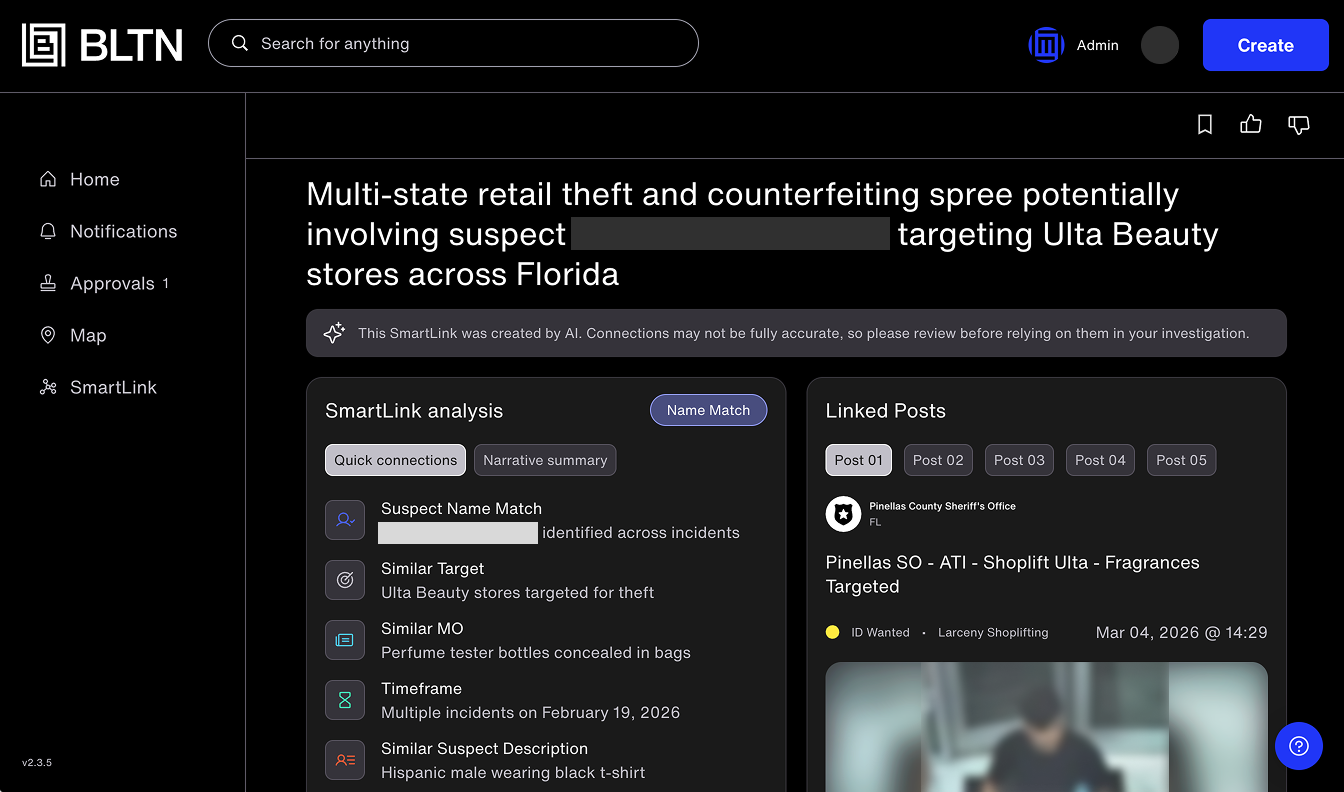 Dashboard showing retail theft linked to suspect targeting Ulta Beauty stores in Florida, with analysis and posts.