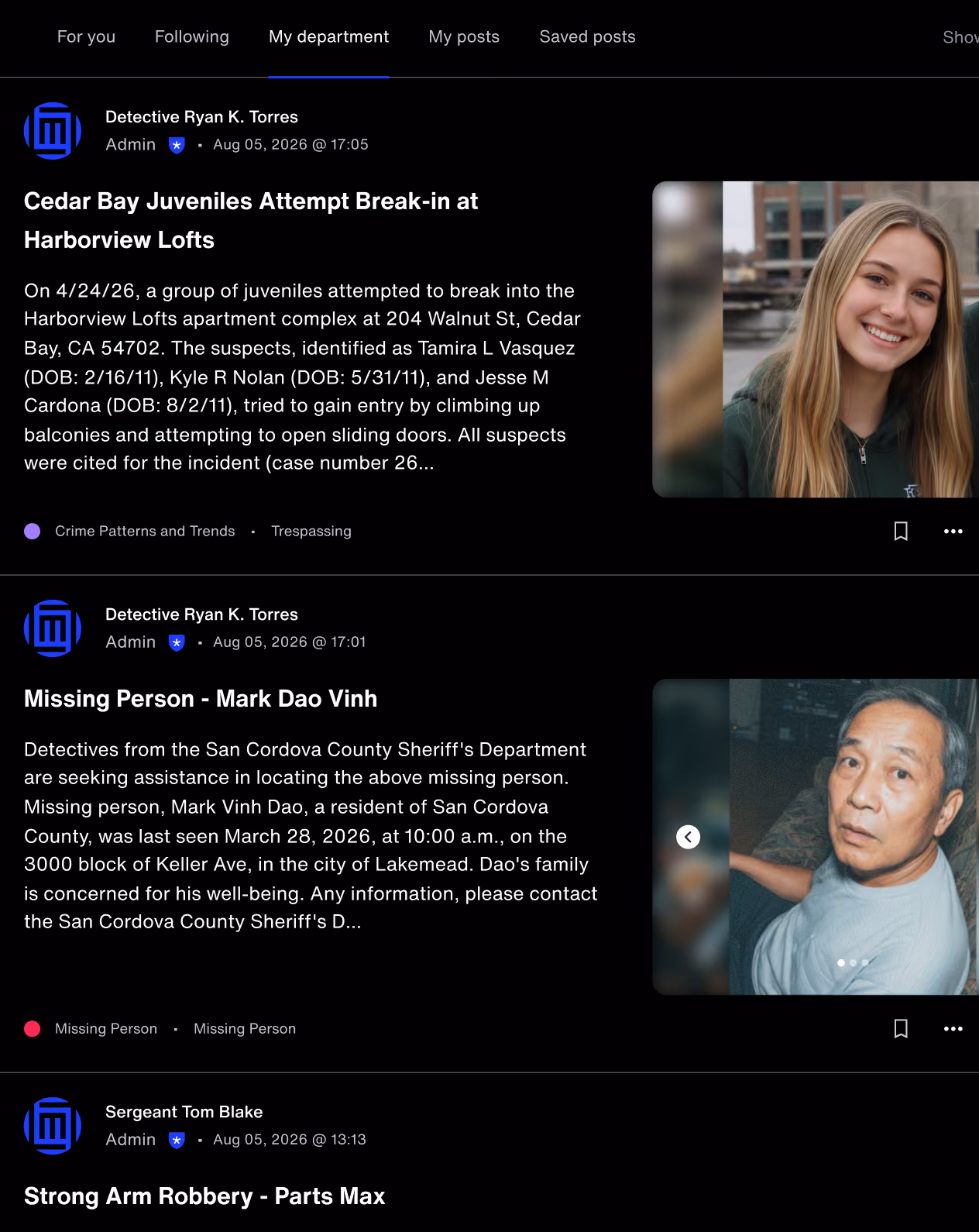 Screen showing law enforcement posts about a juvenile break-in, a missing person, and a robbery report.