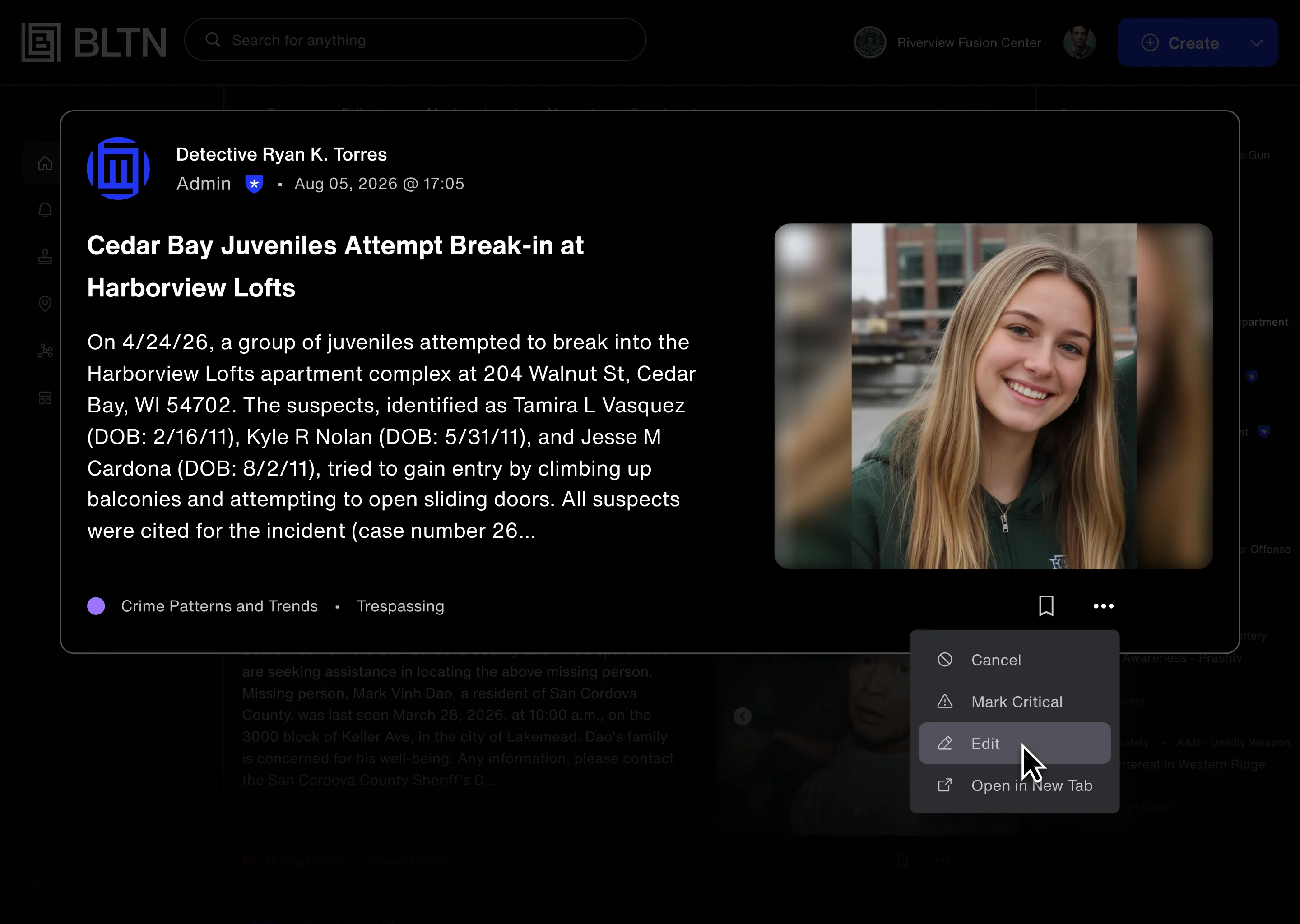 News post about juveniles attempting break-in, showing a smiling young woman with long blonde hair outdoors.