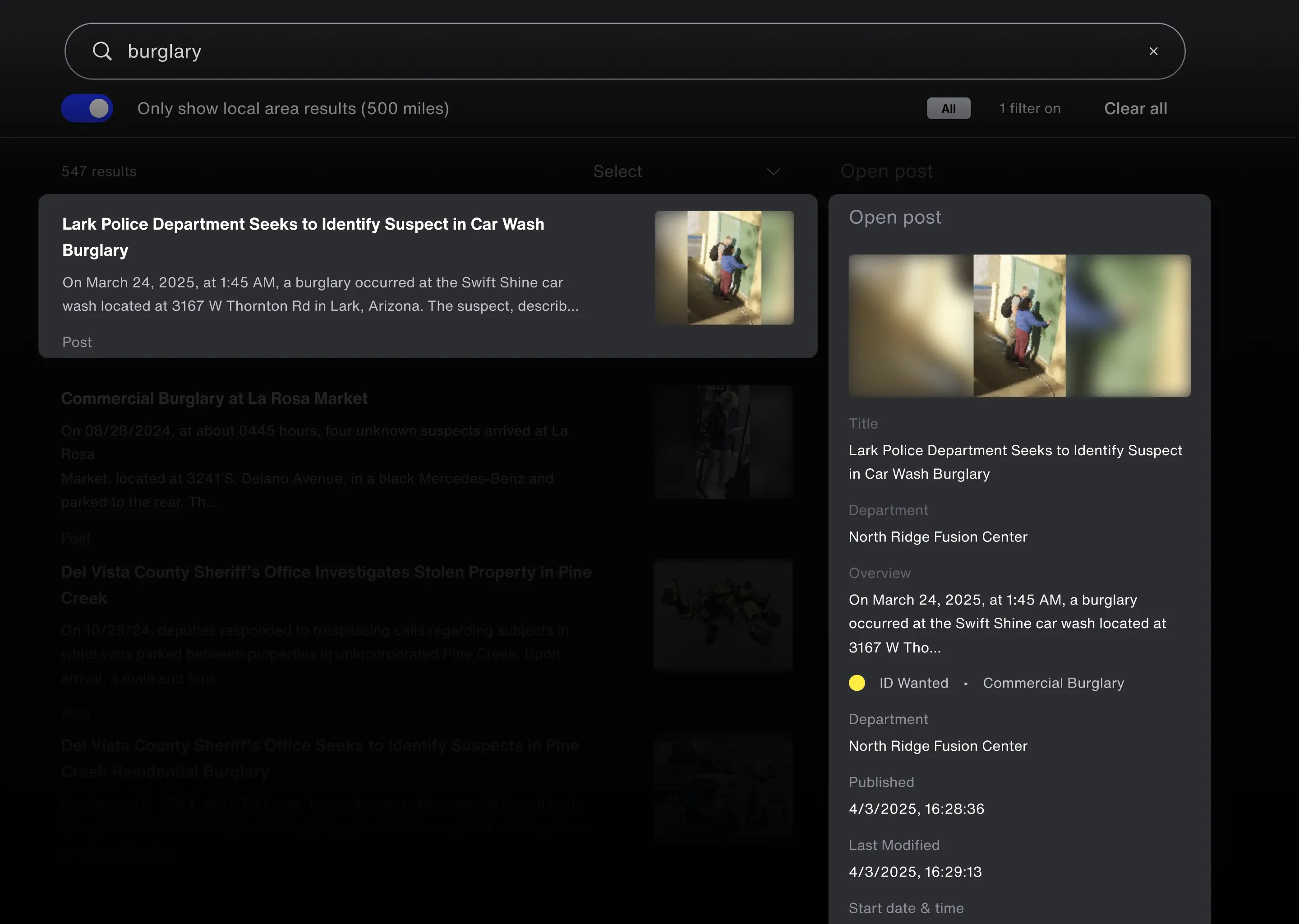 Tablet screen showing search results for 'Toyota' including missing person and crime posts with photos.