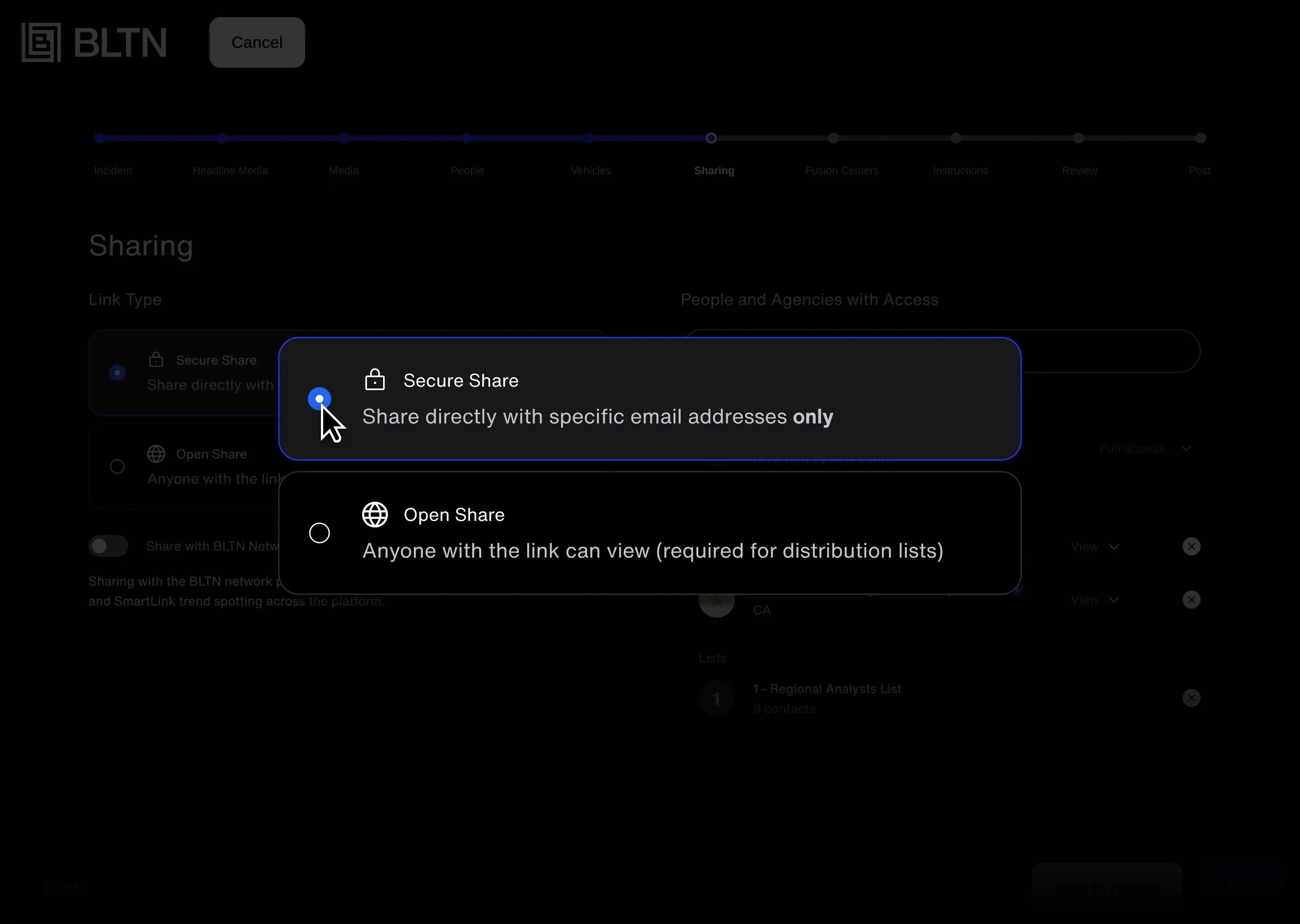 Tablet screen showing BLTN sharing settings with user and department access controls visible.