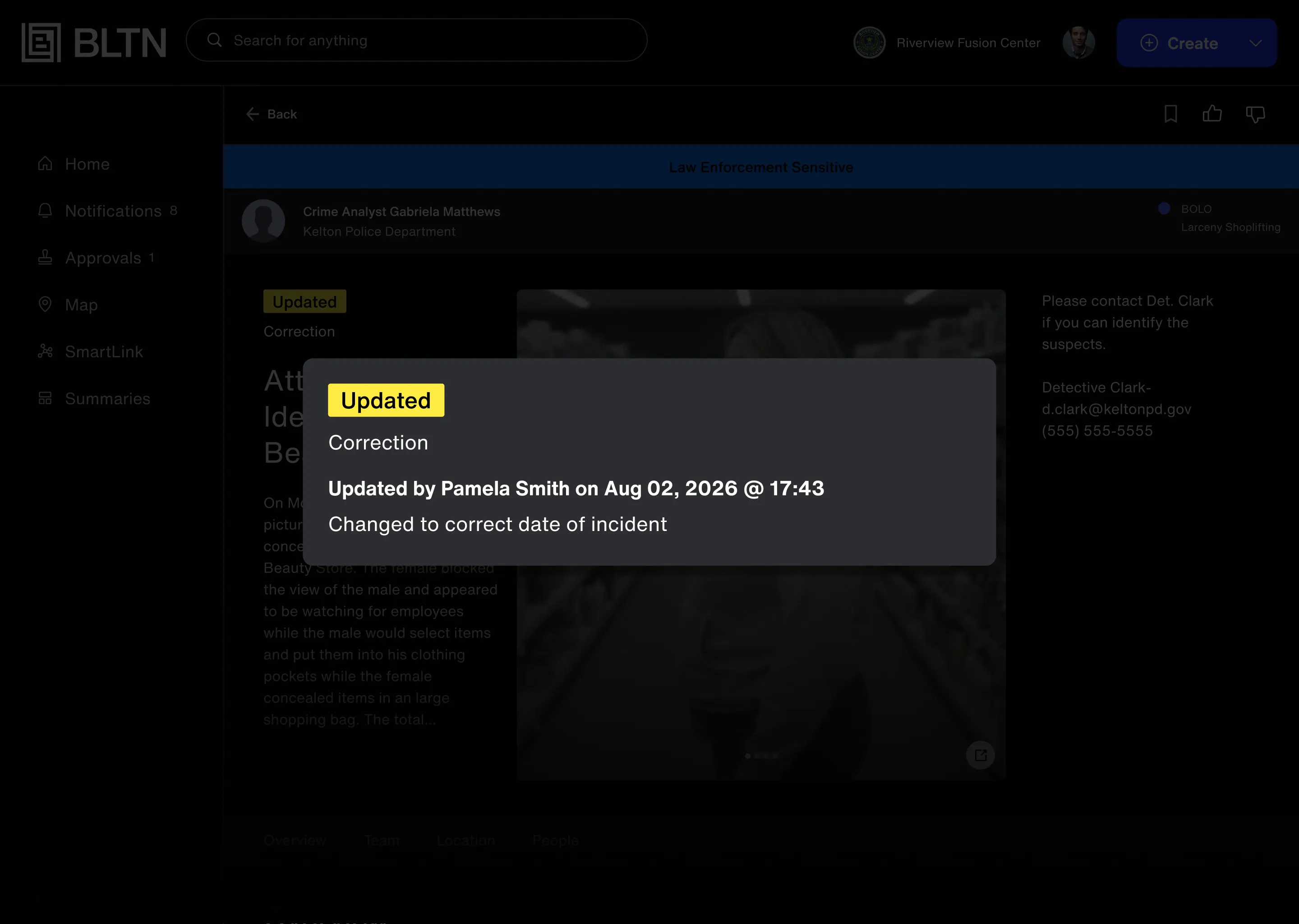 Notification showing an update correction by Pamela Smith on August 2, 2026, changing the incident date.