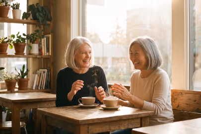 Two older women laughing and chatting over coffee at a wooden table in a sunlit cafe.