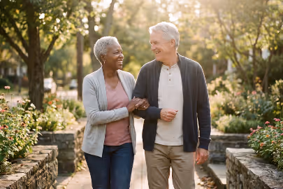 Older couple smiling and walking arm in arm along a sunlit garden path.