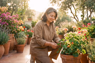 Woman gardening among various potted flowering plants on a sunlit patio.