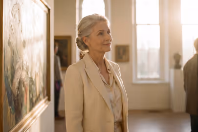 Elderly woman with gray hair in a beige suit looks at art in a sunlit gallery.