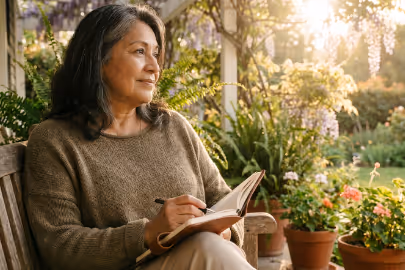 Middle-aged woman in brown sweater journaling outdoors by flowers and greenery in sunlight.