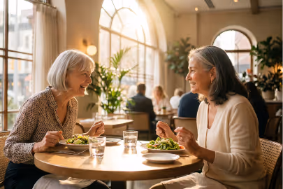 Two older women smiling and talking while eating salad at a cafe table with sunlight behind them.