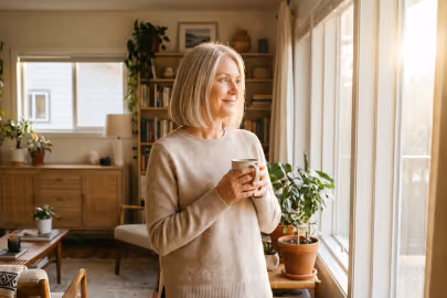 Middle-aged woman holding a cup, looking out a window in a cozy, plant-filled living room.