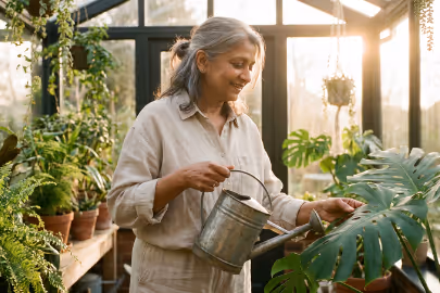 Smiling woman watering plants with a metal watering can inside a sunlit greenhouse.