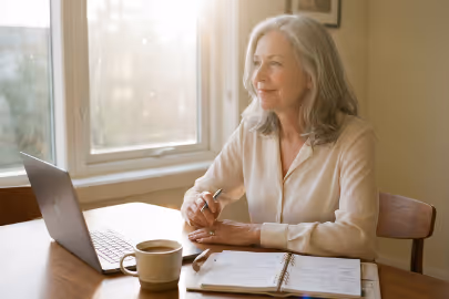 Older woman smiling while sitting at table with laptop, notebook, pen, and coffee mug by window.