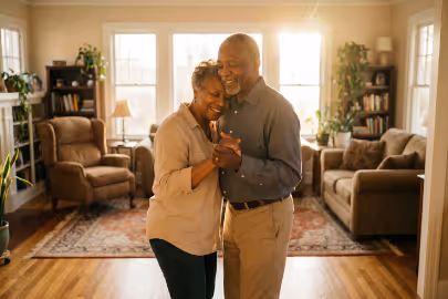 Smiling elderly couple dancing closely in a warmly lit living room with cozy furniture and plants.