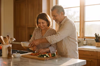 Smiling couple cooking together in a bright kitchen, slicing vegetables on a marble countertop.