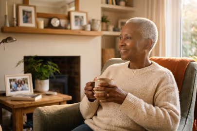 Older woman in a beige sweater sitting in a chair, holding a cup and smiling in a cozy living room.