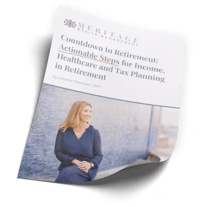 Meritage Wealth Management guide titled Countdown to Retirement with a woman sitting outdoors.