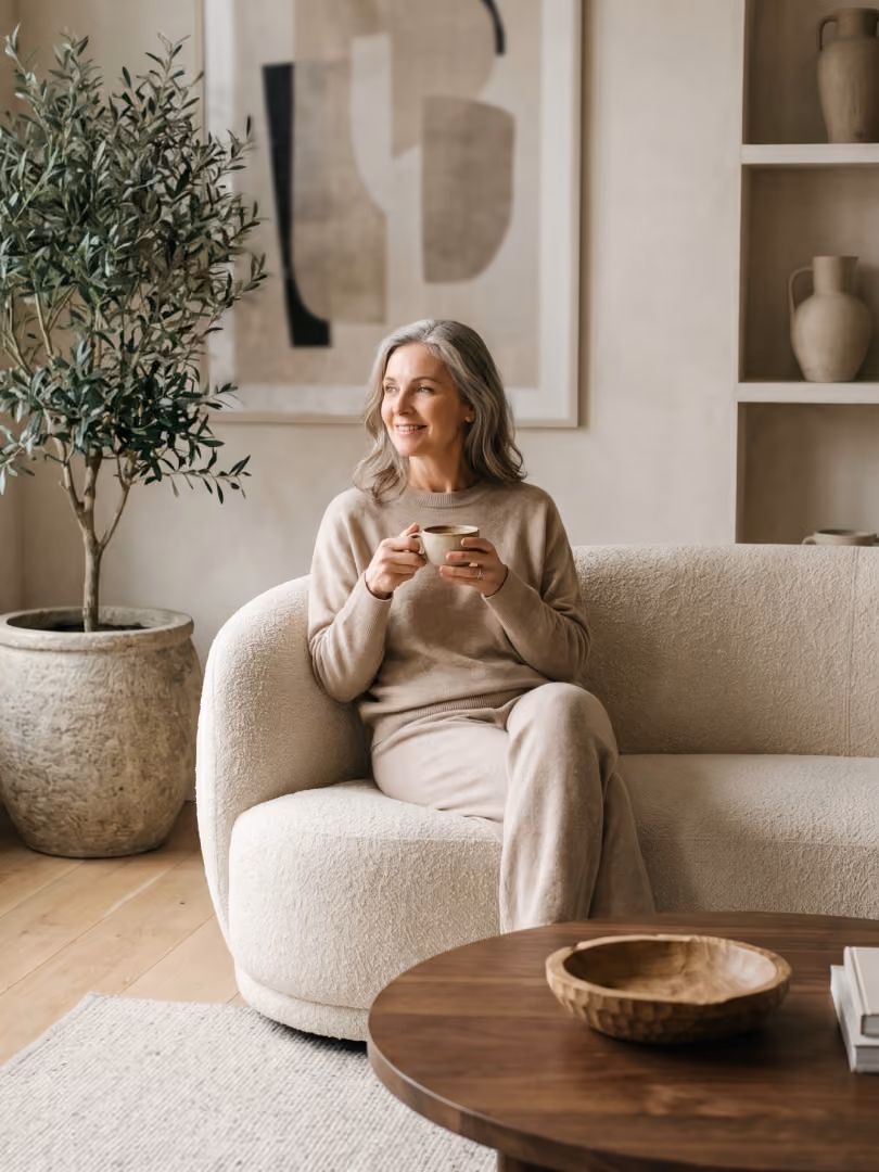 Smiling woman in beige outfit sitting on a cream sofa holding a cup in a cozy living room.