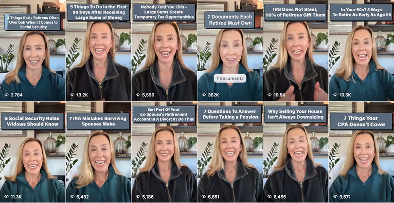 Woman in twelve different video thumbnails discussing retirement and social security tips.