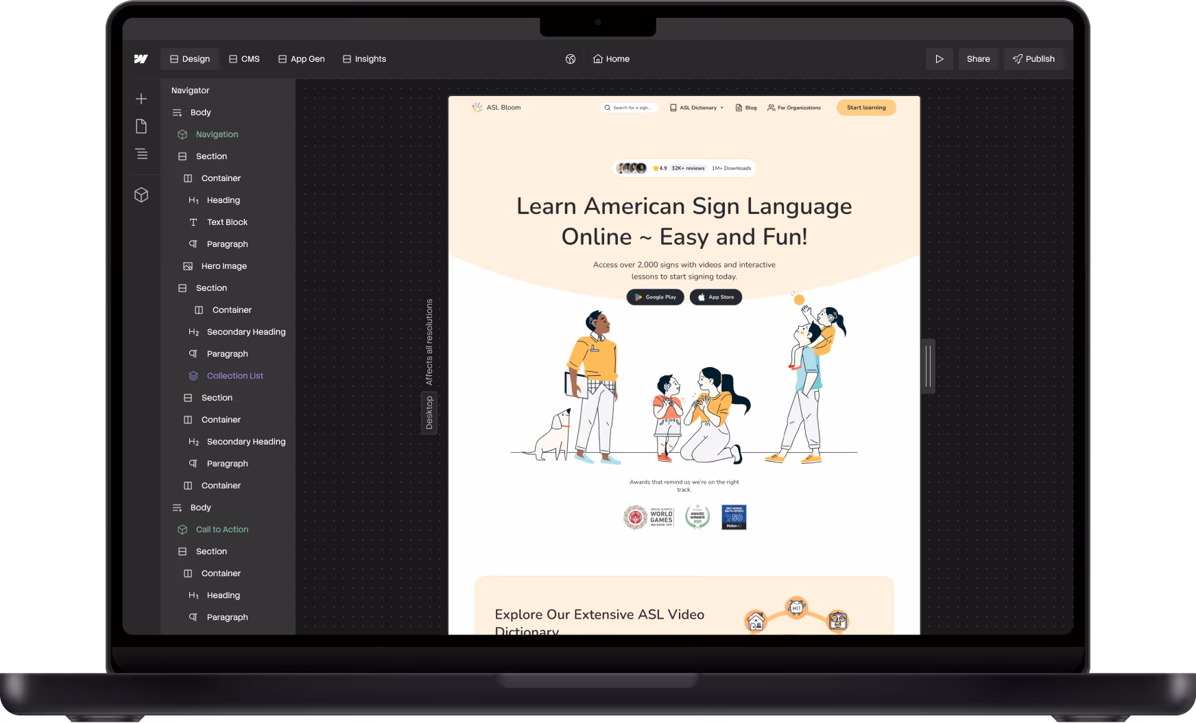 Laptop screen showing a website design interface with American Sign Language learning homepage content.