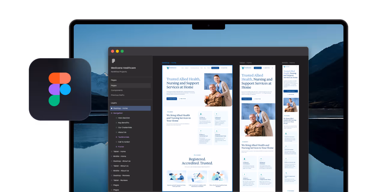 Figma interface showing a healthcare website design for desktop, tablet, and mobile views.