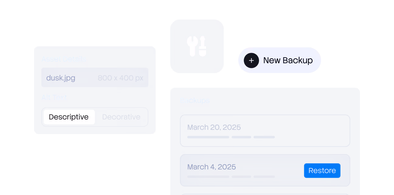 Maintenance interface showing asset details, descriptive alt text, new backup button, and backup restore option.