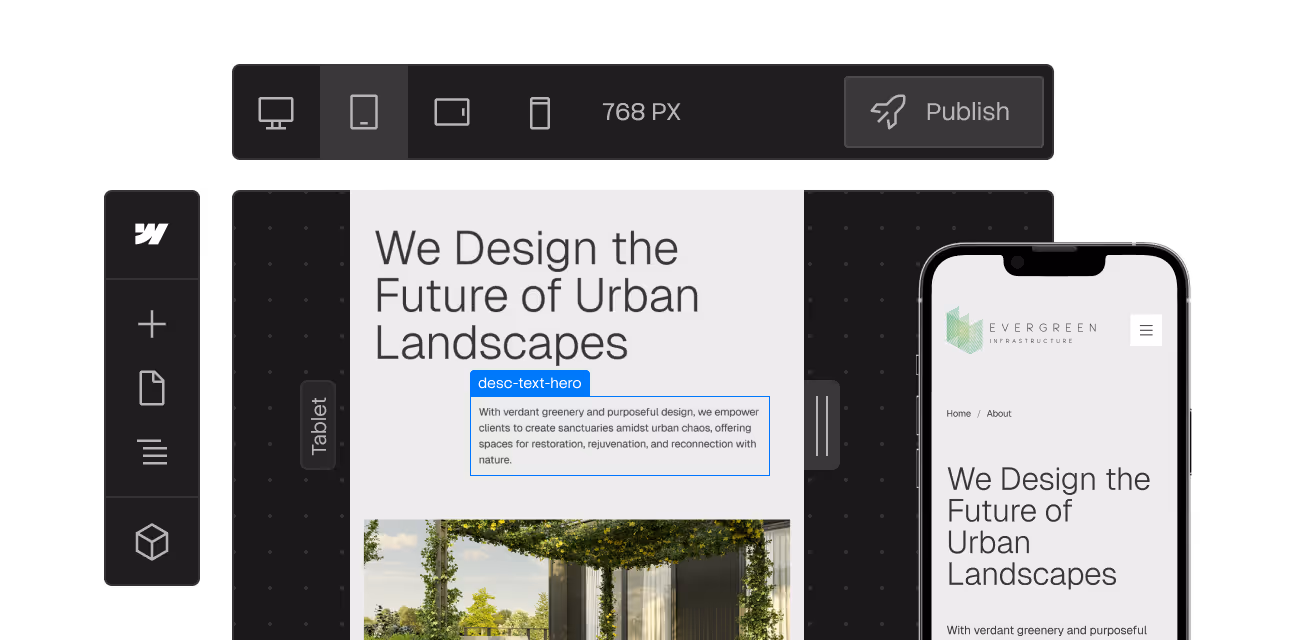 Tablet and mobile screen showing a website with urban landscape design text and logo Evergreen Infrastructure.
