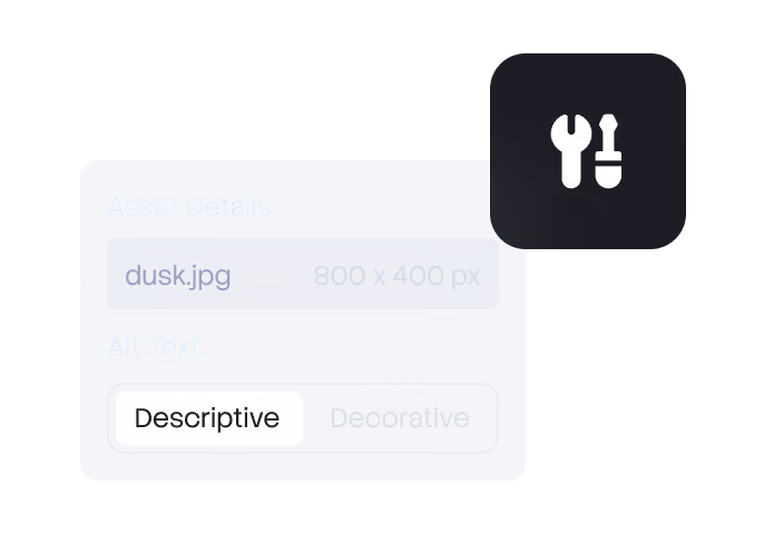 Screen showing Asset Details section with Alt Text field labeled 'Descriptive' and settings icon.